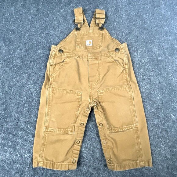 Carhartt Canvas Bib Overalls Infant Sz 9 Mos 9M Brown Double  Knee Kids Work - Picture 2 of 12